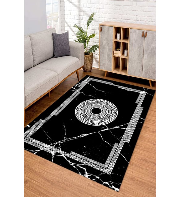 Dijital Kaymaz Taban Yıkanabilir Renkli Salon Halısı Mutfak Halısı Yolluk ND-SD-593 (Siyah)