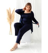Sabahlıklı Dantel Detaylı Büyük Beden Pegasus Kadın Pijama Takımı-Çeyizlik Takım (Lacivert)