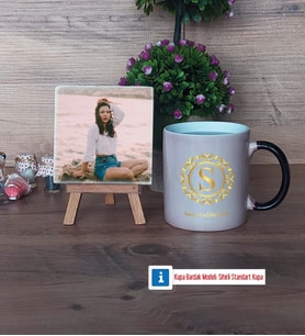 Gold Baş Harf Fotoğraflı Dekoratif Taş, Kupa Bardak Beyaz Hediye (Model 9)