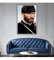 Metal Çerçeveli Temperli Cam Tablo Yan Açı Kalpaklı Atatürk (Gümüş)