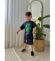 ERKEK ÇOCUK MİNECRAFTT MODELLİ BASKILI ŞORTLU PAMUK TAKIM (Lacivert)