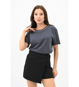 Kadın Bisiklet Yaka Taş Detaylı T-shirt 1749-4-24 (Füme)