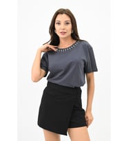 Kadın Bisiklet Yaka Taş Detaylı T-shirt 1749-4-24 (Füme)