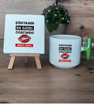 Dünyanın En Güzel Öğretmeni Hediye Seti Kupa Bardak T Kulplu ve Dekoratif Taş Öğretmenler Günü Hediyesi (Model 8)