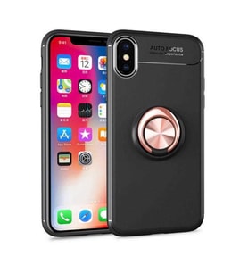 Uyumlu Model Apple iPhone XS Max 6.5 Kılıf Yüzüklü Magnetli Ravel Case (Siyah-Rose Gold)
