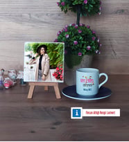 Özel Eğitim Öğretmeni Fotoğraflı Dekoratif Taş, Ahşap Altlıklı Türk Kahvesi Fincanı Hediye (Model 4)