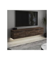 Neon LED Işıklı Duvara Monte, 3 Kapaklı TV Sehpası – 160 cm - Modern Tasarım, Ceviz (Koyu Ceviz)