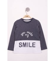 Toontoy Kız Çocuk Kareli Kumaşlı Smile Baskılı T-Shirt (Lacivert)