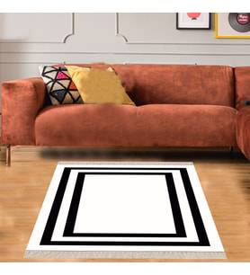 Geometrik Desenli Dijital Baskı Yıkanabilir Kaymaz Taban Etnik Kilim Desen Salon Halı (Siyah)