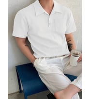 Erkek Oversize Polo Yaka Waffle T-Shirt POLOYAKA-DÜĞMELİ (Beyaz)