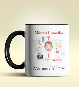 Kişiye Özel Müşteri Hizmetleri Tasarımlı Turuncu Kupa Bardak (Siyah)