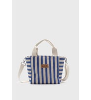 Luna blu kadın çizgili mini keten tote kanvas çanta (Mavi)