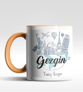 Kişiye Özel Gezgin Tasarımlı Siyah Kupa (Beyaz-Turuncu)