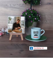 Erkek Öğretmene Hediye Fotoğraflı Dekoratif Taş, Ahşap Altlıklı Türk Kahvesi Fincanı Hediye (Model 9)
