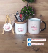 İsme Özel İsim Yazılı Hediye Sepeti Kalemlik, Kupa Bardak Sihirli, Ahşap Anahtarlık Hediye (Model 1)