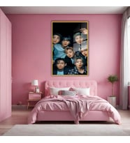 Metal Çerçeveli Temperli Cam Tablo Müzik Grubu BTS Portreler (Gold)