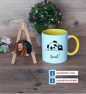 Sevimli Panda Kupa Bardak Beyaz ve Fotoğraflı Ahşap Anahtarlık Hediye (Model 7)