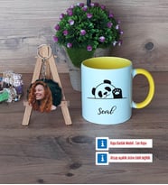 Sevimli Panda Kupa Bardak Beyaz ve Fotoğraflı Ahşap Anahtarlık Hediye (Model 7)