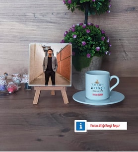 Erkek Türk Dili ve Edebiyatı Öğretmenine Hediye Fotoğraflı Dekoratif Taş, Ahşap Altlıklı Türk Kahvesi Fincanı Hediye (Model 2)