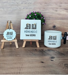 Jeoloji Mühendisi Hediye Seti Kupa Bardak T Kulplu, Dekoratif Taş, Anahtarlık Mühendisler Günü Hediyesi (Model 6)