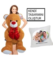 Kişiye Özel Yastık Hediyeli Çift Kalp Tutan Sevimli Pelüş Ayı (Kahverengi)