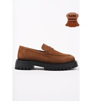 Muggo PARADİSE Hakiki Deri Kalın Taban Günlük Casual Makosen Kadın Loafer Ayakkabı (Taba Süet)