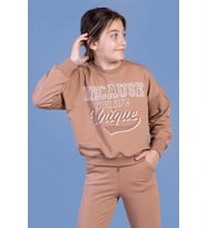 Toontoy Kız Çocuk Baskılı Düşük Kol Sweatshirt (Kahverengi)