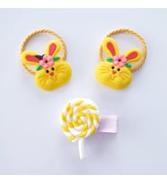 MAGRİB sevimli tavşan figürlü 2li lastik toka ve lolipop şeker figürlü pens toka seti (Sarı)