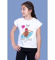 Toontoy Kız Çocuk Garni Detaylı Taş İşlemeli Baskılı Tişört (Ekru)