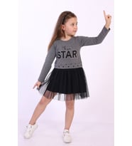 Toontoy Kız Çocuk Star Baskılı Tüllü Elbise (Antrasit Melanj)