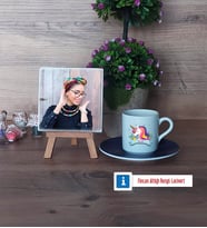 Unicorn Fotoğraflı Dekoratif Taş, Ahşap Altlıklı Türk Kahvesi Fincanı Hediye (Model 4)