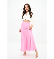 Kadın Midi Boy Yüksek Bel Dökümlü Saten Etek 6275-24 (Pembe)