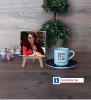 Halaya Hediye Fotoğraflı Dekoratif Taş, Ahşap Altlıklı Türk Kahvesi Fincanı Hediye (Model 7)