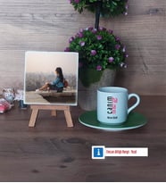 Halaya Hediye Fotoğraflı Dekoratif Taş, Ahşap Altlıklı Türk Kahvesi Fincanı Hediye (Model 9)