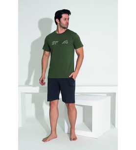 Erkek Yazlık Strong Baskılı Kısa Kollu Şortlu Penye Pijama Takımı (Haki)