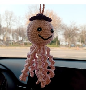 Amigurumi Sevimli Ahtapot El Emeği Araba Süsü Dikiz Aynası (Krem)