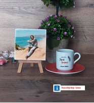 Tarih Öğretmeni Fotoğraflı Dekoratif Taş, Ahşap Altlıklı Türk Kahvesi Fincanı Hediye (Model 8)