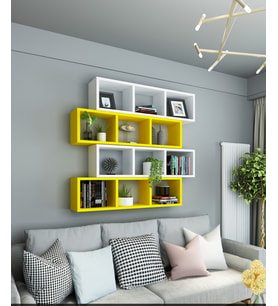 Kitaplık Modern Duvar Rafı Salon Yatay 4 Lü Takım Siyah Beyaz (Sarı-Beyaz)