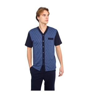 Kly Jakarlı Kısa Kol Önden Düğmeli Gömlek Erkek Pijama Takım (İndigo)
