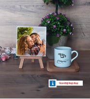 Eşe Hediye Mr Fotoğraflı Dekoratif Taş, Ahşap Altlıklı Türk Kahvesi Fincanı Hediye Yıl Dönümü Hediyesi (Model 1)