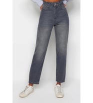 Stil Kadın Moda Denim Kot Pantolon Regular Dar Paça Mavi Yüksek Bel Mom Jeans (Gri)