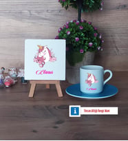 Unicorn Dekoratif Taş, Türk Kahvesi Fincanı Kırmızı İsme Özel Hediye (Model 3)