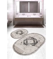 Dijital Baskılı Kaymaz Taban Yıkanabilir Oval 2'li Klozet Takımı Banyo Paspası NOKZ-SD-1051 (Krem)