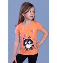 Toontoy Kız Çocuk Likee Kedi Baskılı Tişört (Somon)