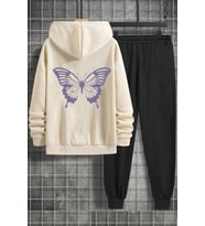 Unisex Butterfly Baskılı Eşofman Takımı (Bej)