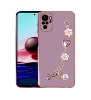 Xiaomi Redmi Note 10 Kılıf El Askılı Tutamaçlı Kamera Korumalı Renkli Gold Kenar Silikon Kapak (Mor)