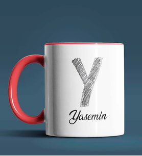Kişiye Özel Y Harfi Temalı Kara Kalem Tasarım Siyah Renk Kupa (Kırmızı)