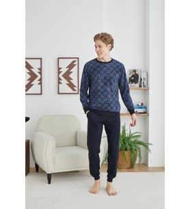 Kly 8041 Erkek Kışlık O Yaka Pijama Takım (İndigo)