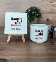 İşaret Dili Öğretmeni Hediye Seti Kupa Bardak T Kulplu ve Dekoratif Taş Öğretmenler Günü Hediyesi (Model 6)