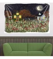 Suluboya Evler Ay Sonbahar Tema Leke Tutmaz Kadife Doku Kumaş Duvar Örtüsü Duvar Halısı Tapestry (Çok Renkli)